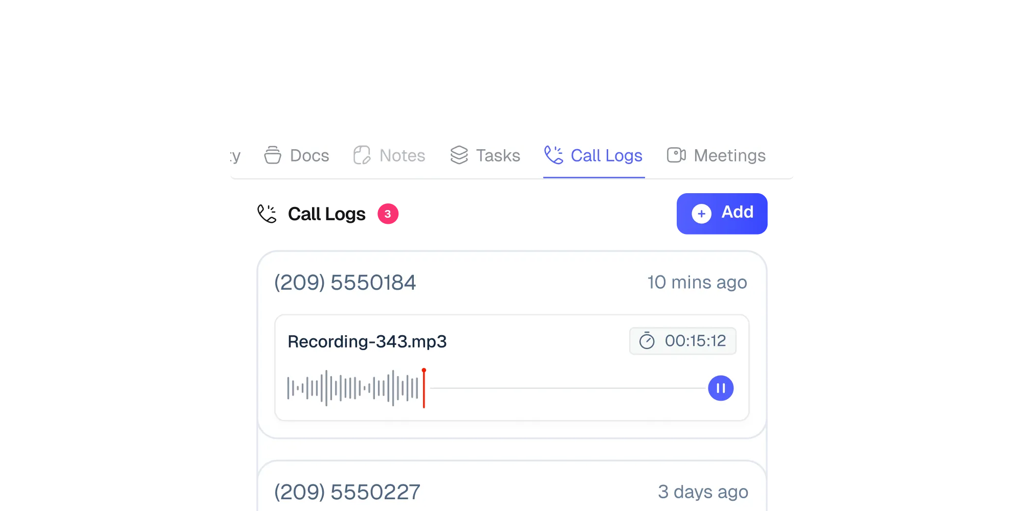 Meeting card showing title, priority, date, time, and participants.
